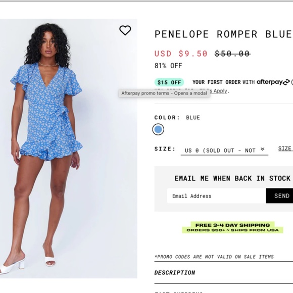 Princess Polly Dresses & Skirts - Princess Polly Penelope Romper Blue Size 4 NWT